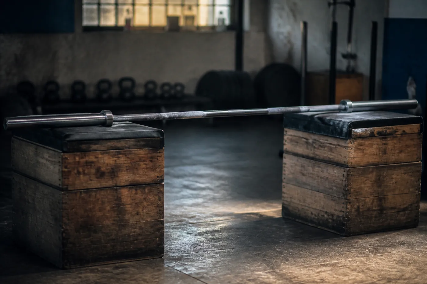 A bare barbell shaft with chalk marks resting across a pair of wooden blocks in a training hall.