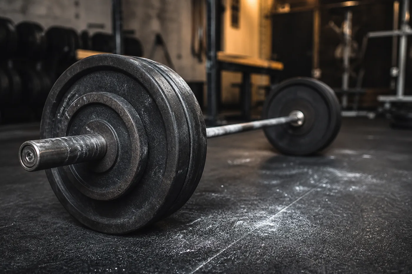 A barbell loaded with iron plates resting on a rubber gym floor, chalk dust on the shaft.
