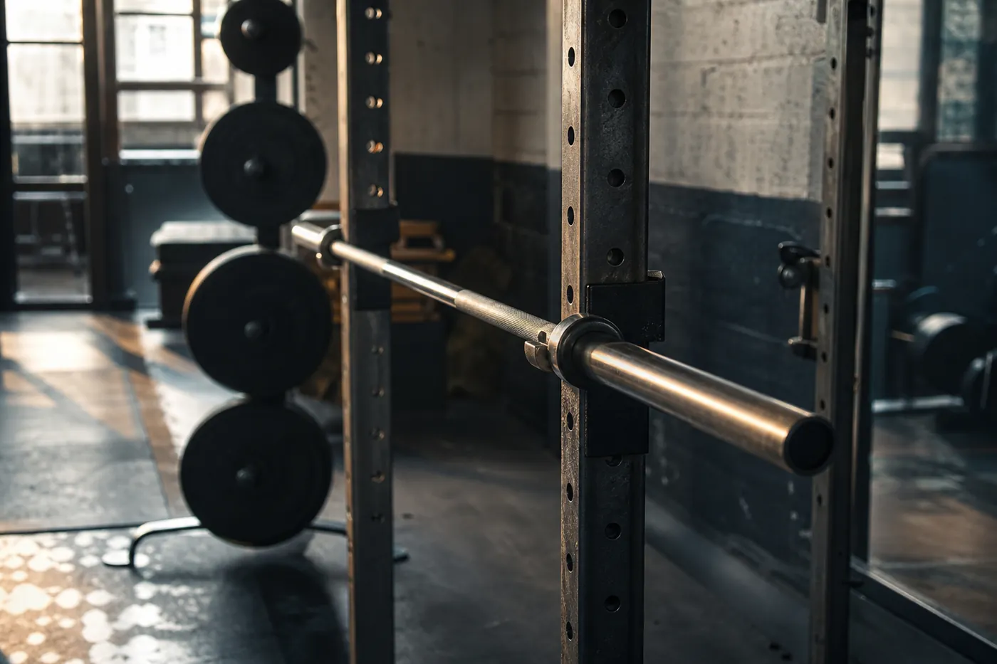 A loaded barbell racked in a power rack in a home gym.