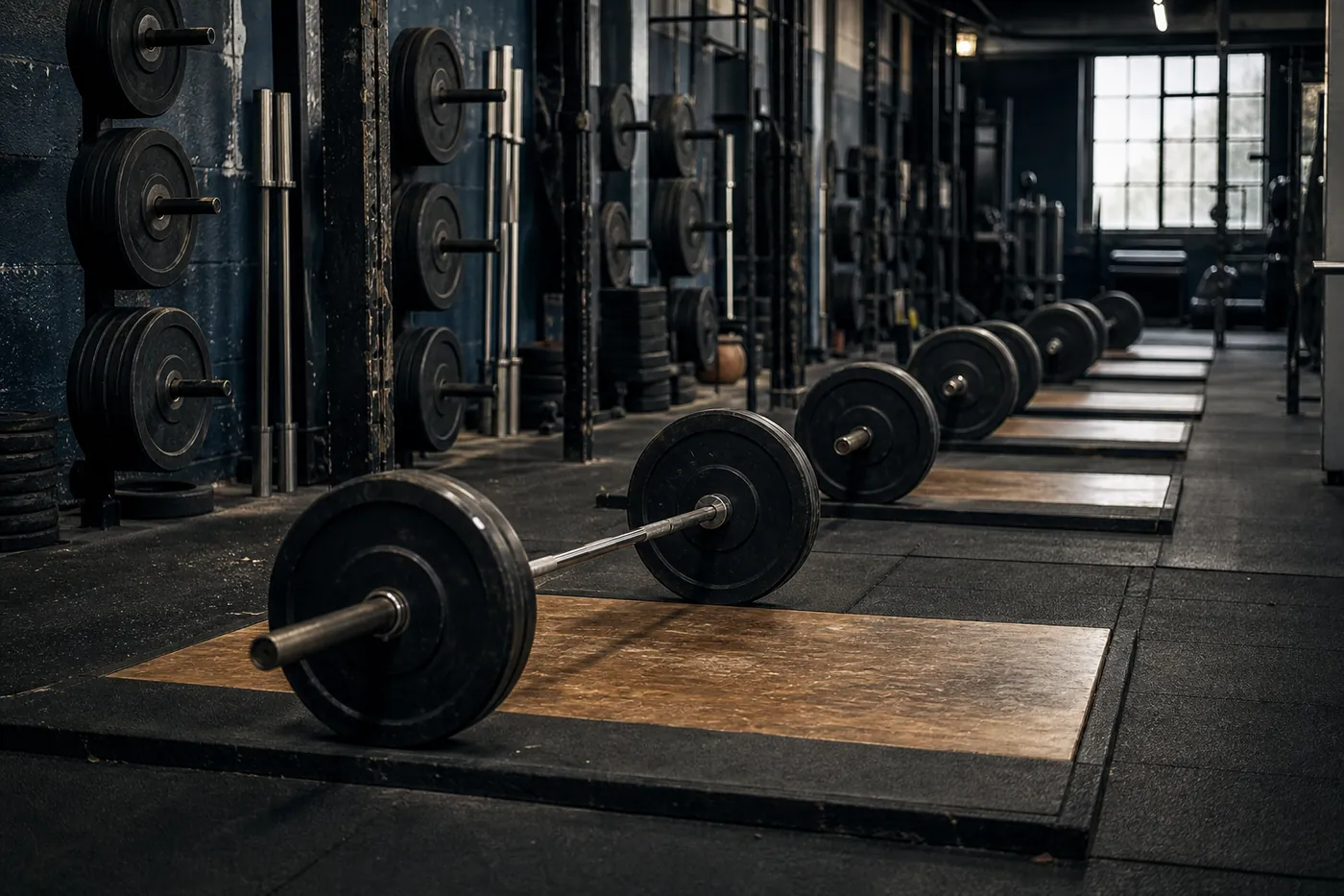 A row of loaded barbells on a commercial gym weightlifting floor.
