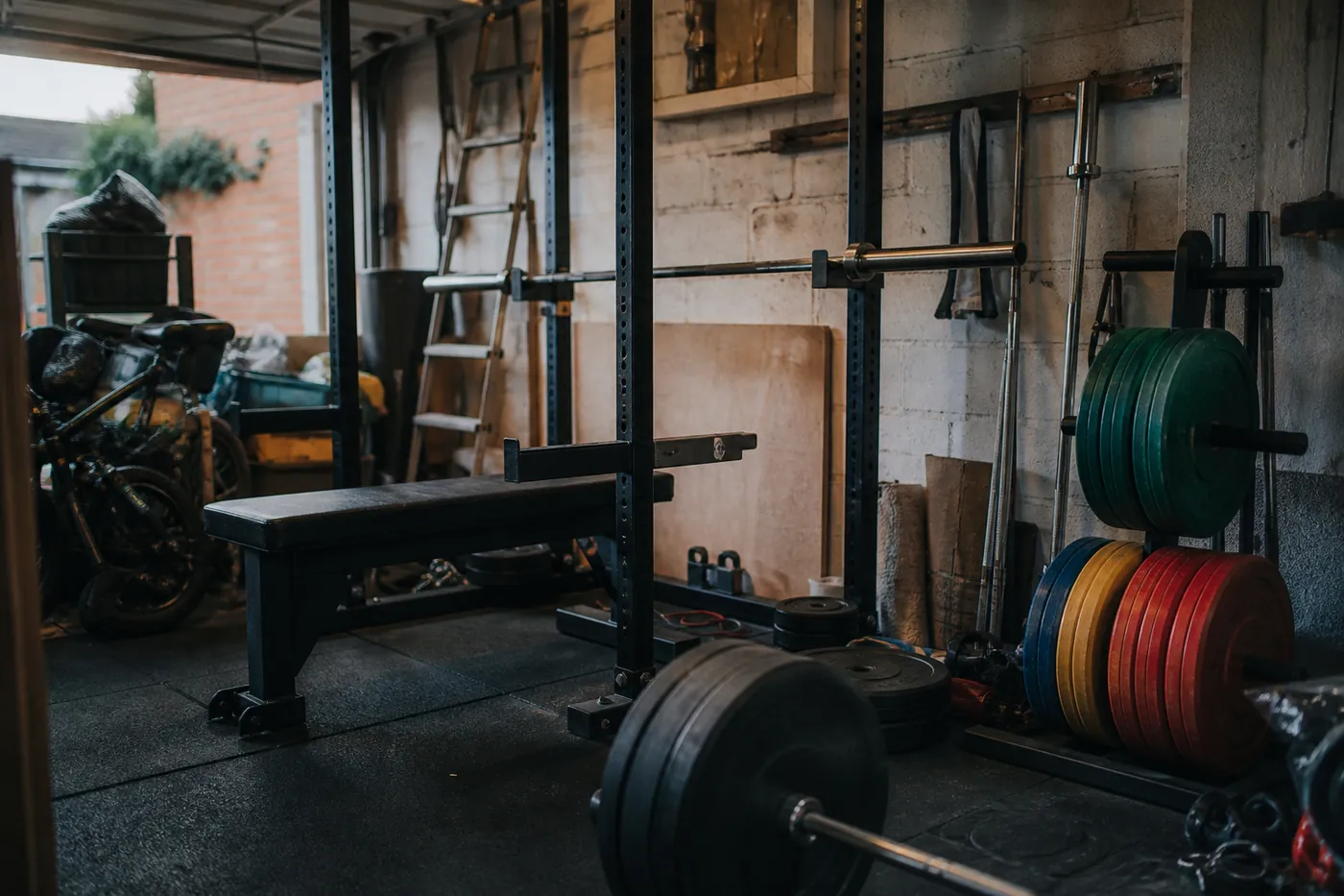 A garage home gym with a power rack, bumper plates and a barbell.