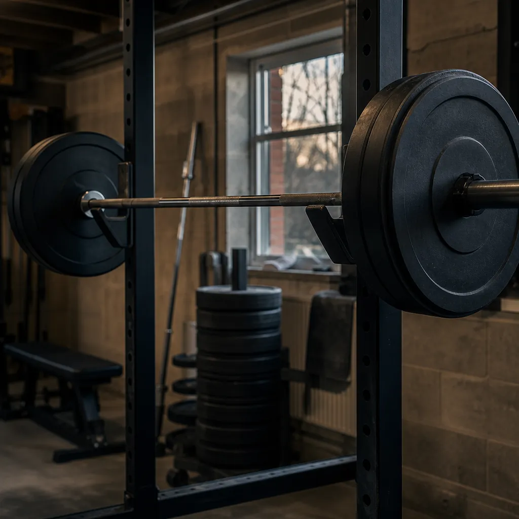 A loaded Olympic barbell resting on the J-cups of a power rack in a home gym, bumper plates stacked behind it.