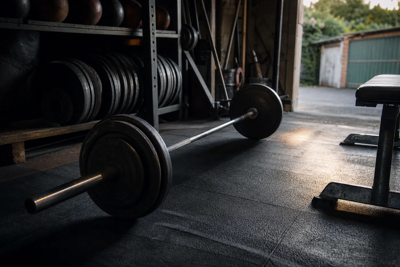 A barbell on the floor of a converted garage gym beside a rack of plates and a bench.