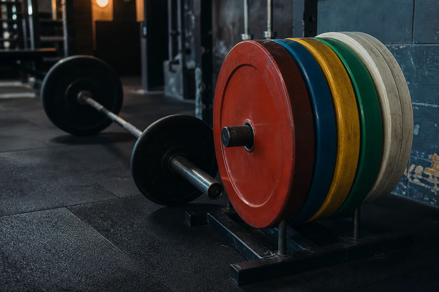 Colour-coded bumper plates stacked on a plate tree beside a barbell in a gym.