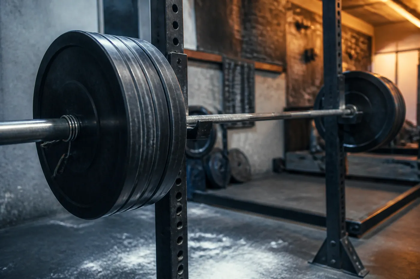 A heavily loaded barbell racked at shoulder height in a steel power rack, calibrated plates loaded on the sleeve.