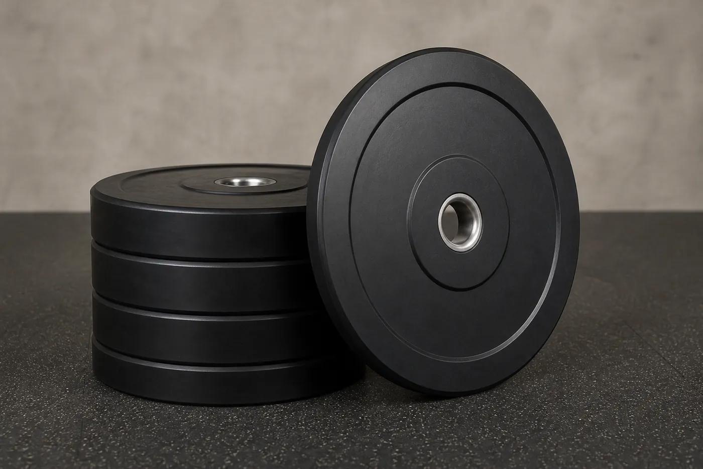 Plain unbranded rubber bumper plates stacked on a gym floor.