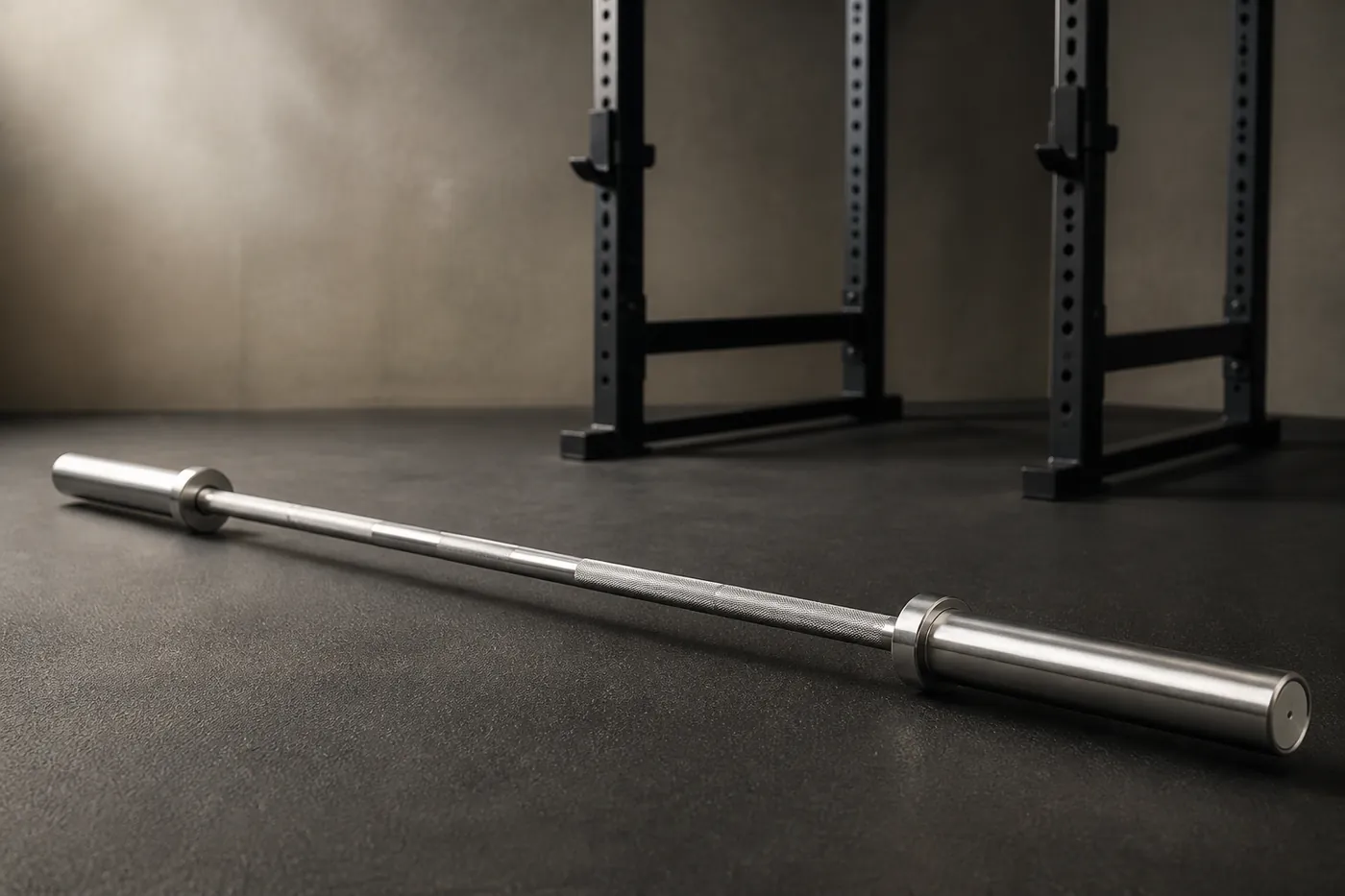 A plain unbranded Olympic barbell on a gym floor beside a rack.