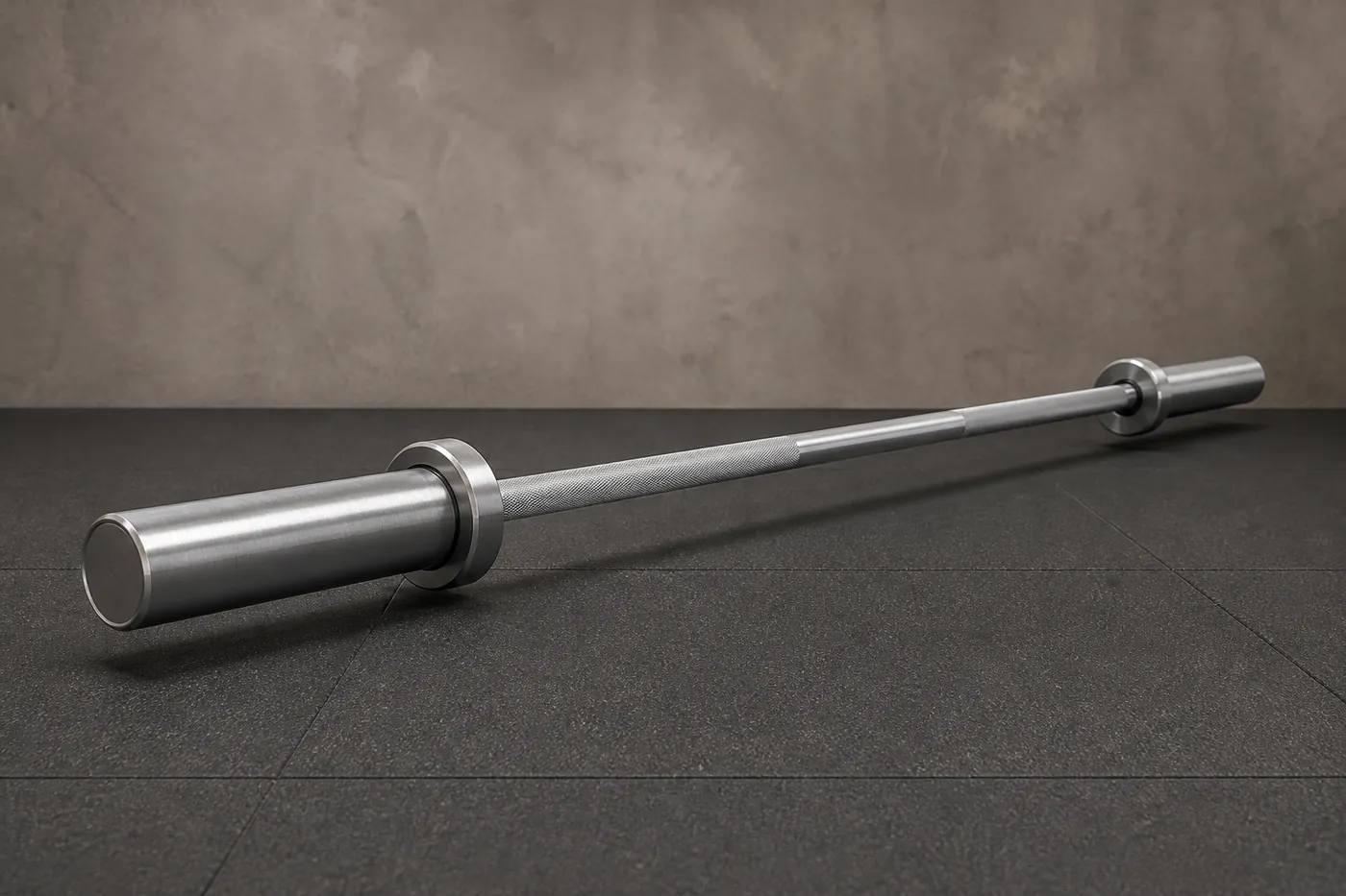 A plain unbranded 15kg Olympic barbell with a slimmer shaft, on a gym floor.