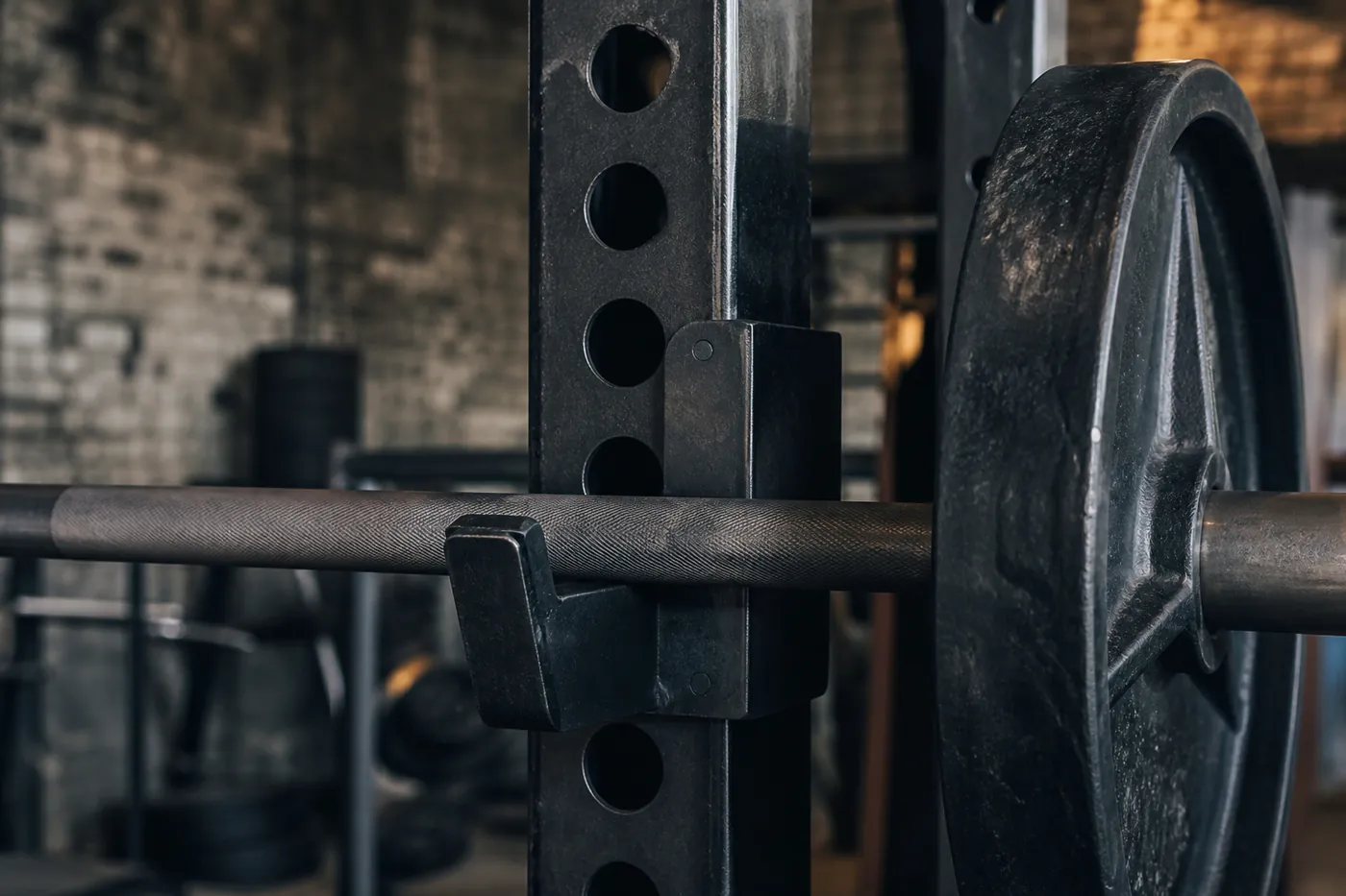 A close view of a steel power rack upright with a loaded barbell sitting in the J-cups.