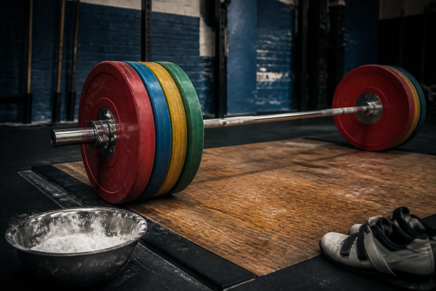 A barbell loaded with colour-coded bumper plates resting on a wooden weightlifting platform, chalk bowl beside it.